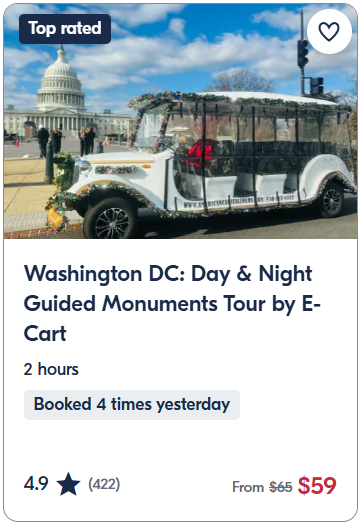 Washington DC Day & Night Guided Monuments Tour by E-Cart